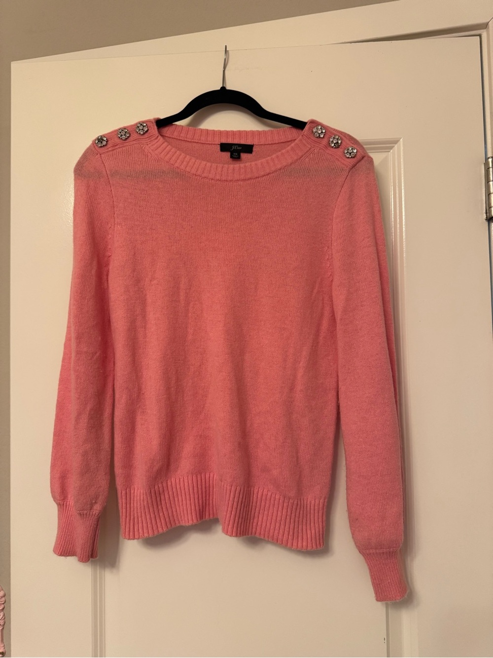 J. Crew Pink Crewneck Sweater with Jeweled Shoulder Buttons
